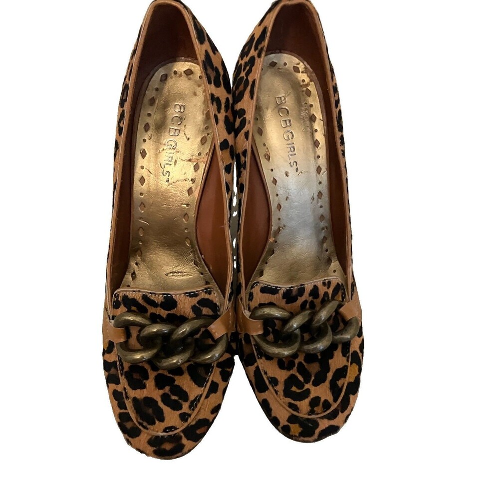 BCBGirls Stiletto Heels Leopard Print Calf Hair Chain Accent Pumps Size 6.5